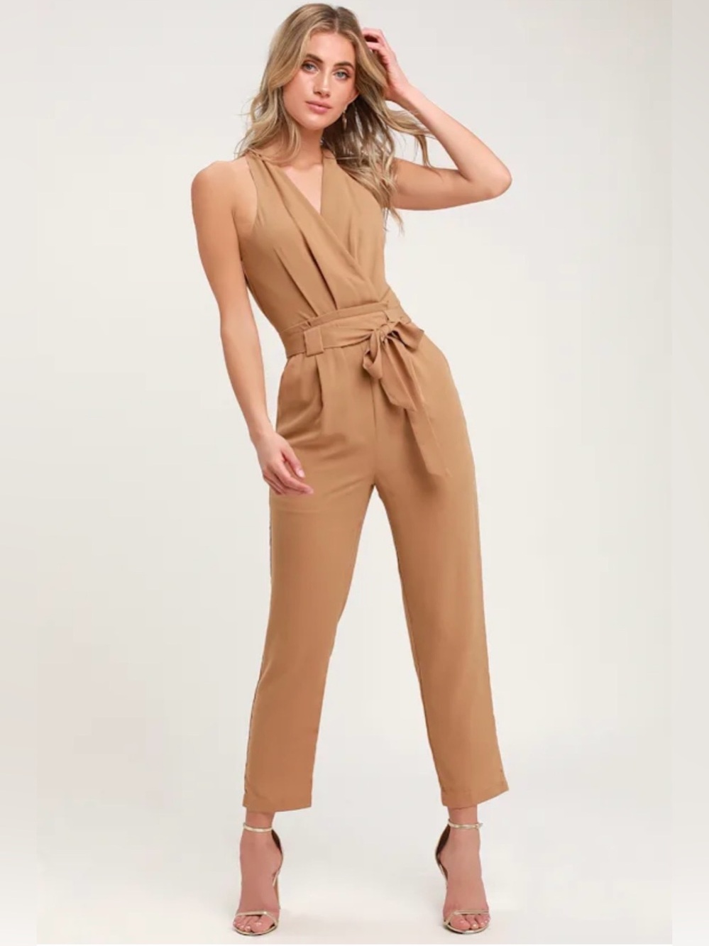 Lulu’s In the City Tan Sleeveless Surplice Jumpsuit